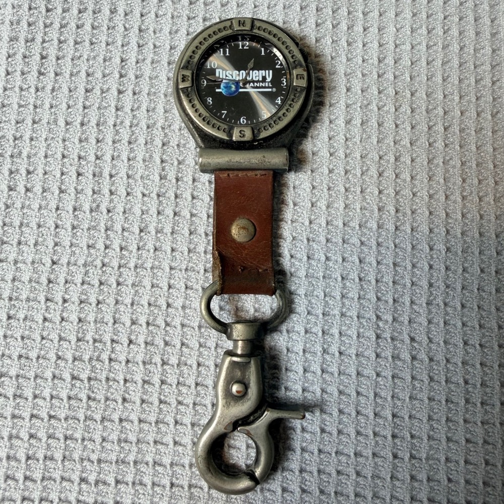 Discovery Channel Clip On Compass Bezel Watch Brown Leather Strap Japan Movement